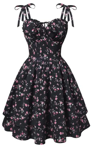 SCARLET DARKNESS Damen Blumen Trägerkleid Sommer Korsett Kurz Minikleid | Mit Futter | Seitentaschen | A‑Linie | Bindbare Träger | Korsagenkleid | Elegant | Party | Cocktail | Strand | Festlich