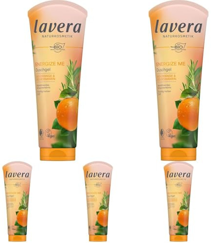 lavera Duschgel Energize Me - Verwöhnendes Schaumerlebnis mit Fruchtiger Bio-Orange und Aromatischem Bio-Rosmarin (Packung mit 5)