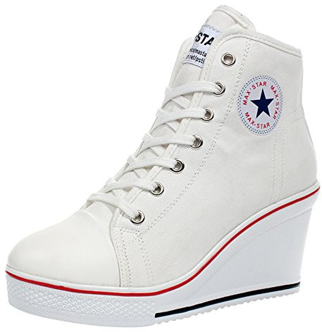 wealsex Mujer Cuñas Zapatos De Lona High-Top Zapatos Casuales Encaje Talla Grande (Blanco,43)