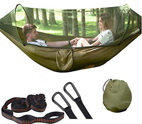Large Camping Hammock with Mosquito Net, 2 Person Pop-up Parachute Lightweight Hanging Hammock for Camping, Backpacking, Survival, Outdoor Backyard Hiking