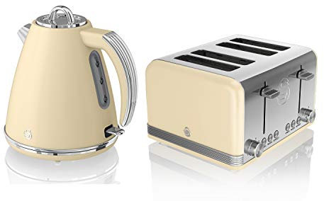 Swan, STP7041CN, Retro 1.5L Jug Kettle & 4 Slice Toaster, Stainless Steel, 360 Degree Base, Electronic Browning Control, Slide-Out Crumb Tray (Cream)