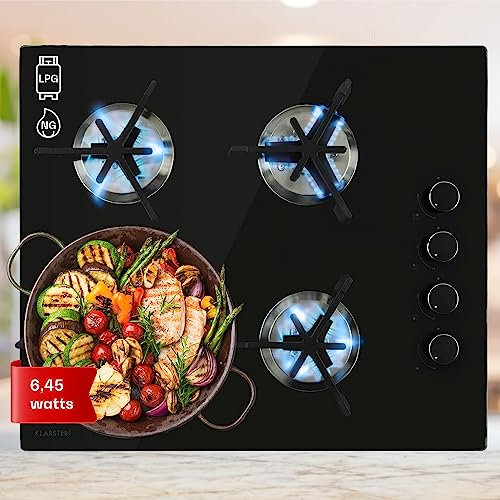Klarstein Encimera Cocina de Gas 4 Quemadores, Placa de Gas 7.6kW para Cocina, Cocinas de Gas con Quemador Wok de Acero Inoxidable, Encimera Gas 4 Fuegos con Quemadores de Gas para Casa