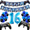 Geburtstagsdeko Jungen 16 Jahre, Gamer Deko Geburtstag, Happy Birthday Girlande Banner Deko Junge, Gamecontroller Luftballons Schwarz Blaue Ballons Set für Kinder Videospiel Thema Party Zubehör…
