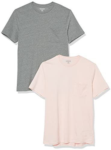Amazon Essentials T-shirt à coupe ajustée, manches courtes et col roulé Homme, Lot de 2, Gris Chiné/Rose Pâle, S
