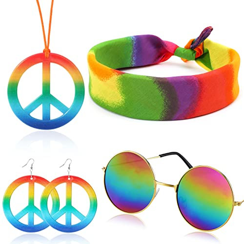 HOWAF 4 Hippie Kostüm Set Hippie Accessoires, Friedenszeichen Halskette Peace Kette Ohrringe Hippie Sonnenbrille Regenbogen Stirnband Hippie Kostüm 60er 70er Jahre Thema Party Ankleiden Zubehörset