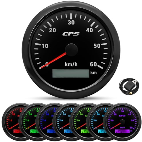 85mm GPS Tacho 0-60 km/h mit 7-Farben LED-Hintergrundbeleuchtung & Odometer – Wasserdichtes Universal-Instrument mit GPS-Antenne für Motorrad, Auto, Boot und LKW