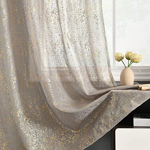 TERLYTEX Metallic Grey Sheer Vorhänge, Goldfolie Sparkle Glitter Sheer Vorhänge 96 Zoll Länge für Wohnzimmer, Stangentasche Sichtschutz Fenster Durchsichtige Vorhänge, 2 Paneele, Gold Grau