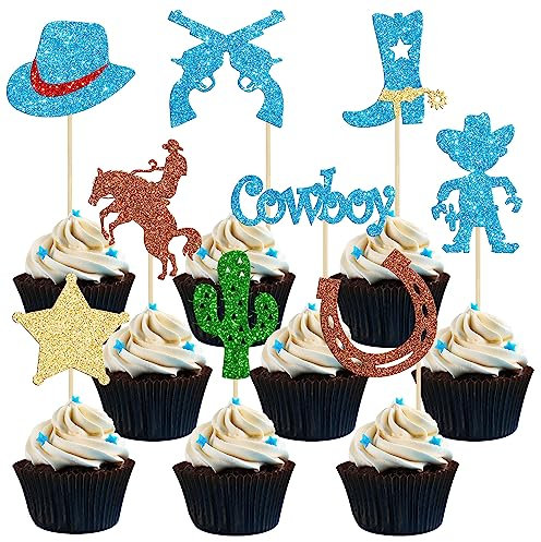 36Pcs Cowboy Cupcake Toppers Glitter HorseShoe Cowboy Hats Boots Cactus Gun Cupcake Picks Western Theme Baby Shower Boys Birthday Party Cake Decorations Supplies