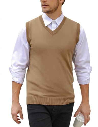 iClosam Mens Gilet Vests for Men Sleeveless Jumper Knit Vest Classic V-Neck Sleeveless Jumper Khaki XL