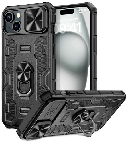 Doeshine für iPhone 15 Hülle mit Ständer & Kameraschutz, Robuste Stoßfeste Schutzhülle mit 360 Grad Magnetisch Ring Stand, Military Shockproof Cover für iPhone 15 5G 2023 (Schwarz)