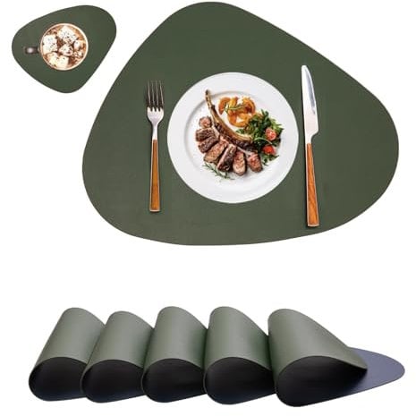 Platzsets Platzdeckchen Abwaschbar Rund,Tischsets rutschfest,Teller Untersetzer Rund,Tischset Lederoptik,Doppelseitigen Platzset und Untersetzer Teller 6er Set Oval(Grün&Blau)