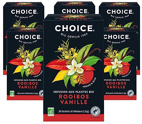 CHOICE - Rooibos Vanille, Infusion au Rooibos avec de la Vanille, 100% Bio, Velouté & Doux, récolté à la main, 120 (6x20) Sachets de Thé thermosoudés et sans Agrafe