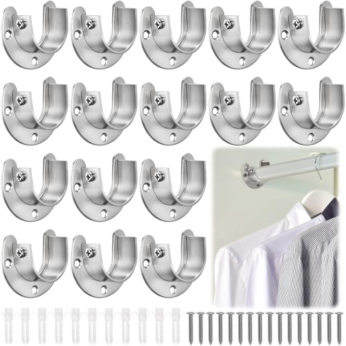 Coloch 16 Pack 32mm Stainless Steel Closet Pole Sockets, U-Shaped Closet Rod Support Curtain Rod Holders Flange Set Rod Holder with Screws