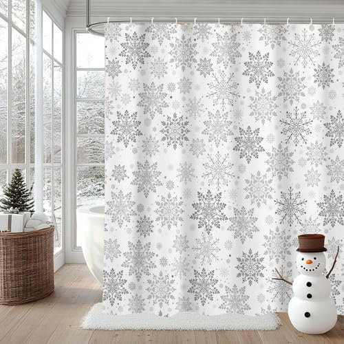 AIBIIN Rideau de douche d'hiver motif flocon de neige gris blanc rideau de bain décoration de Noël pour salle de bain matériau polyester imperméable durable avec 12 crochets 180 x 180 cm