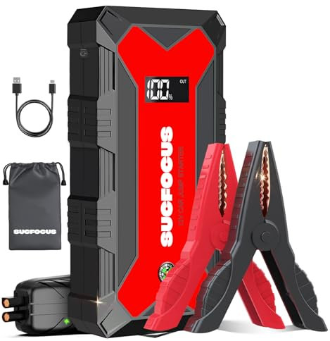 Jump Starter Power Pack, 2500A Car Battery Booster Jump Starter (for 8.0L Gas or 6.5L Diesel Engine), Car Jumper Starter Power Bank with Jump Leads, LED Light/USB QC3.0 (Red)