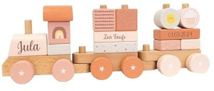 minipishop® Holz Tauf Eisenbahn rosa Regenbogen I Taufgeschenke Mädchen I Taufgeschenk personalisiert I personalisierte Geschenke Baby Holzspielzeug