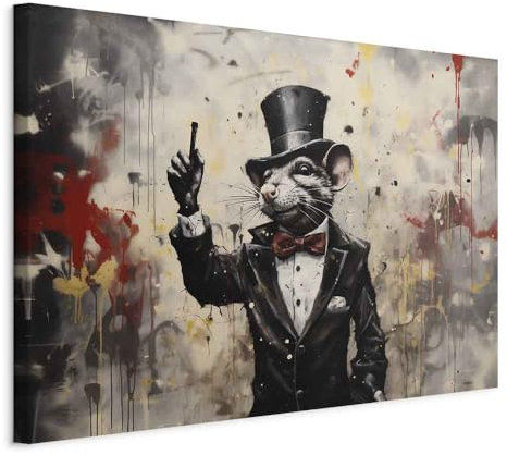 murando - Wandbilder XXL Banksy art 120x80 cm 1 tlg - Wand Deko Leinwand Bilder Groß Wanddeko Wohnzimmer Schlafzimmer Kunstdrucke - Ratte im Frack mit schwarzem Hut grau Beige Abstrakt g-H-10083-b-a