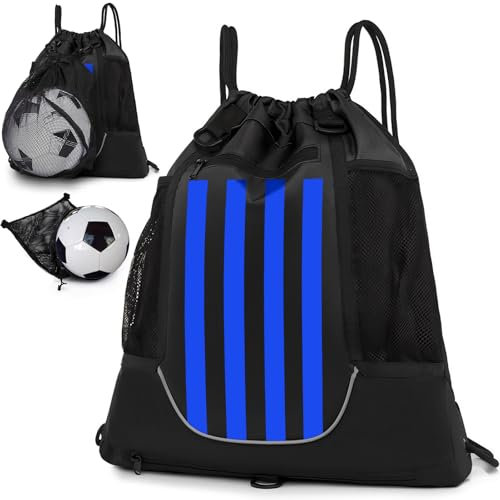 STAY GENT Drawstring Basketball Rucksack für Kinder Jugendliche Erwachsene, Foldable Fußball Volleyball Sporttasche mit Abnehmbarem Ball-Netztasche für Turnhalle Yoga, Schwarzer Blauer Streifen
