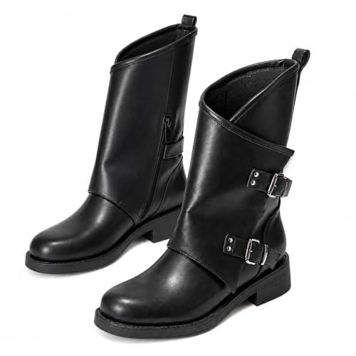 JOMIX Stivali Donna Biker Fashion con Fibbie Laterali Stivaletti in Pelle Sintetica con Cerniera Casual e Chic