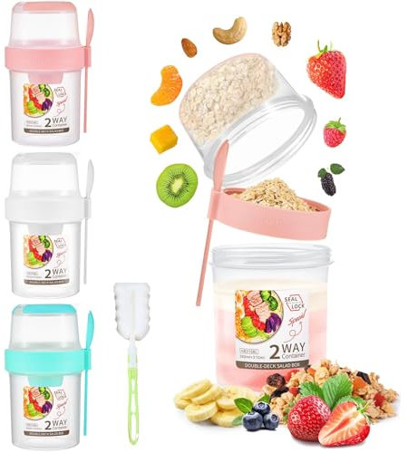 3 Pack Reusable Overnight Oats Container, Cereal Yogurt Cups Leak-Proof Breakfast Salad Cups with Lid and Spoon Oatmeal Cup Breakfast On the Go Cups for School Office Travel Granola and Yoghurt Pot