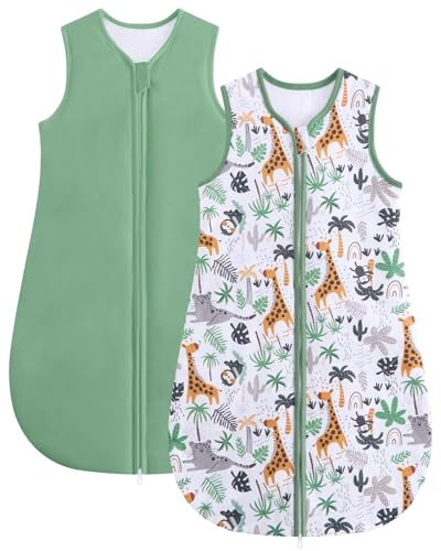 JiAmy Baby sovsäck 1 1,5 0,5 Tog bomull sovsäck 2-pack, unisex baby bärbar filt för nyfödda och spädbarn 0-24 månader, Grön giraff, 6-12 Månader