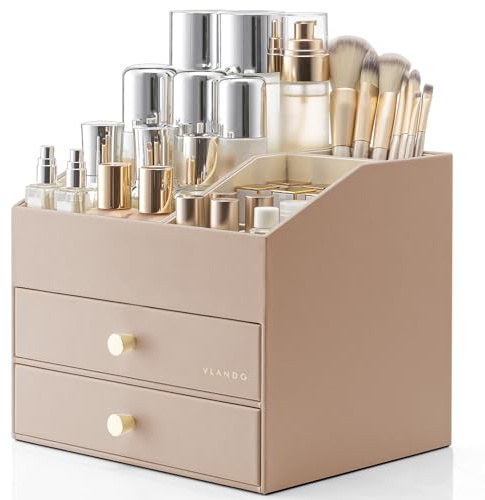 VLANDO Makeup Organiser, 2 Drawer Cosmetic Organiser for Dressing Table | Multi-zone storage, Space-saving design, Easy-view open top, Hidden drawers, Gift for women, Bedroom and vanity,Toffee