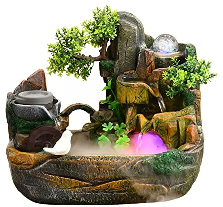 XYNSNDB Fontane a Cascata per Interni Resina Acqua Corrente di Montagna Finta Fontana per Interni Ruota Feng Shui Invitante ricchezza Che Gira Caratteristiche dell'Acqua Ornamenti Soggiorno