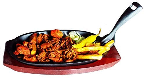 Buckingham Pre-Seasoned Cast Iron Sizzler Serving Dish/Steak Platter with Wooden Stand, Wood, Black, 24 cm x 14 cm