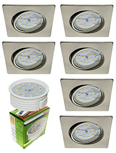 Trango 6er Set LED Einbaustrahler 6729-062SMO in Nickel matt Einbauleuchte, Deckenspots, Deckenstrahler, Einbauspots inkl. 6x 5 Watt LED Modul Ultra Flach nur 3cm Einbautiefe 3000K warmweiß