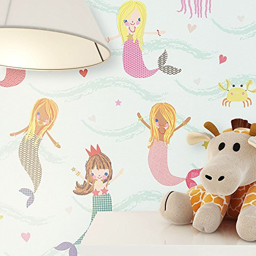 NEWROOM Kindertapete Blau Meerjungfrauen Meer Kinder Papiertapete Bunt Papier Kindertapete Kinderzimmer Babytapete Babyzimmer Niedlich