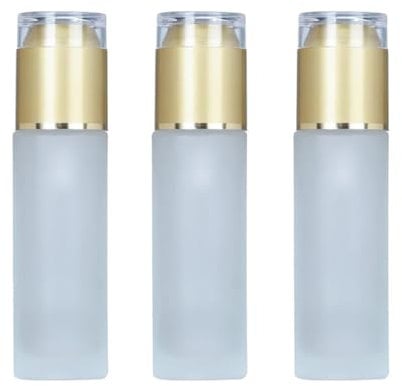 3PCS 80ml/2.6oz Frosted Glass Lotion Bottle with Gold Acrylic Lid Cover Travel Cosmetics Sample Storage Containers Jars Pot Vial Case Holder Dispenser for Essence Cream Serums Oil Moisturizers