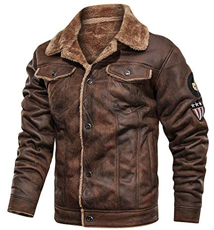 YAOTT Uomo Inverno Caldo Risvolto Giacca Cargo Casual di Pelle scamosciata sintetica Parka con fodera in lana con collo in pelliccia sintetica Giacca bomber Multitasche con ricamo patch Marrone XL