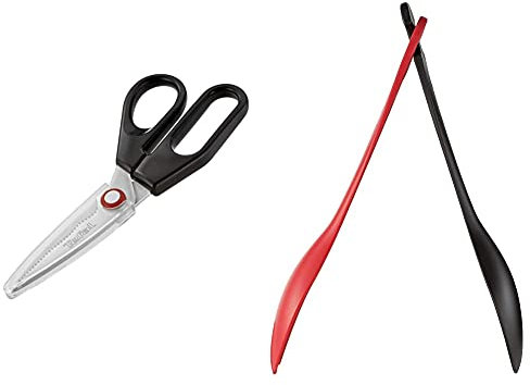 Tefal K2071314 Ingenio Ciseaux à lames spécifiques avec protège lames ustensile de cuisine & K2060614 Ingenio Couverts à Salade 3 en 1 ustensile de cuisine noir et rouge résistant sans bisphénol A