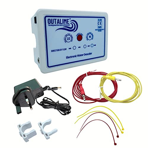 Outalime Descalcificador electrónico de agua, sin sal, prevención y descalcificación de cal para toda la casa, fácil instalación con clip, funciona en cobre/PEX, energía y longevidad de