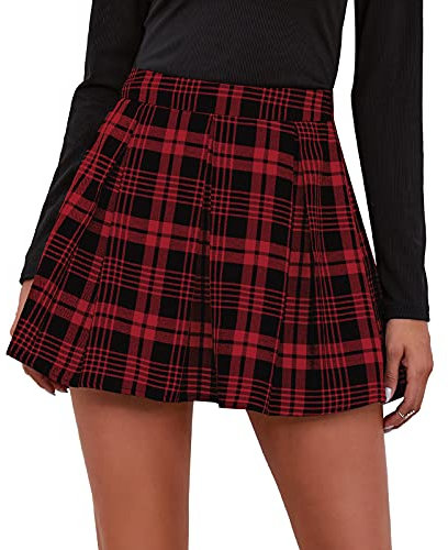 Maeau - Jupe trapèze à carreaux élégante pour femme, jupe plissée écossaise, mini jupe patineuse classique vintage pour printemps, été, fête, rendez-vous, Rouge, 40