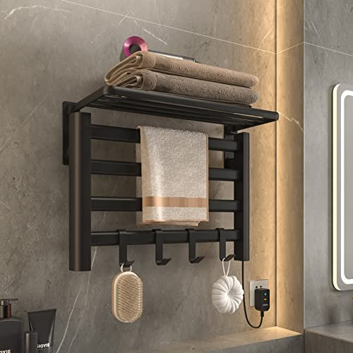 SKYLYZH Elektrischer Handtuchhalter, Konstante Temperatur 55° Handtuchheizkörper, 550 × 400 mm Strom Handtuchwärmer, mit Haken, Kohlefaserheizung, Kein Stanzen, Auslaufschutz, Energie Sparen-Black