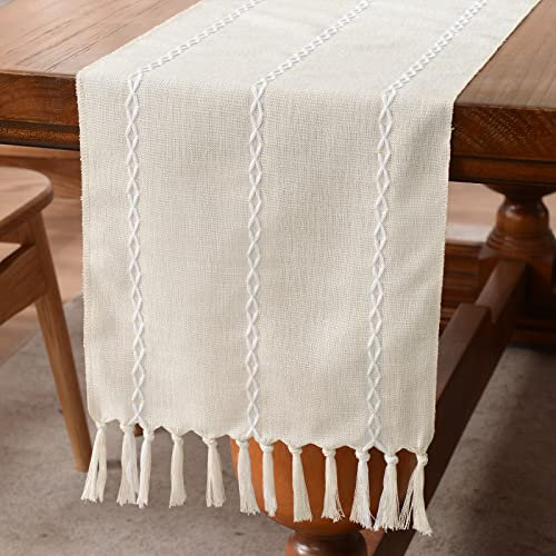Wracra Baumwoll Leinen Tischläufer Bauernhaus Stil Beige Tischläufer 275cm mit Handquasten für Partys, Esszimmer-Dekorationen, Dessert-Tischdekoration(Beige, 275cm)