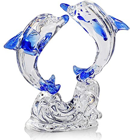 H&D HYALINE & DORA Glas Doppel Delfin Figuren Sammlerstücke, Glas Meerestier Ornament, Kristalltiere Briefbeschwerer für Zuhause Büro Dekoration (blau)