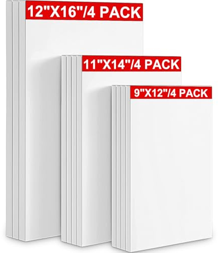 Hestya 12 Pieces Assorted Size Mini Art Canvas Stretched for Craft Painting Drawing (9 x 12 Inch, 11 x 14 Inch, 12 x 16 Inch), White (Hestya-634245)