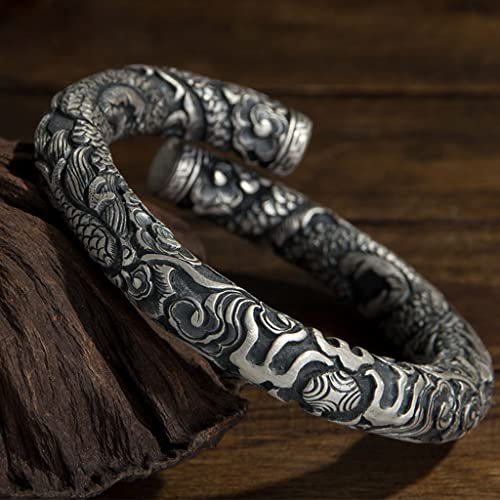 AHTCPO Viking Herren 999 Sterling Silber Armband, Handgemacht Nordisch Weinlese Drachen Totem Tattoo Drucken Manschette mit Offenem Armreif, Punk Gotisch Schmuck Geschenke,small Section 200g