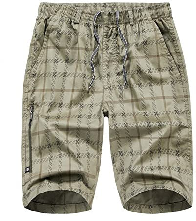 SHE.White Men's Summer Casual Striped Print Casual Shorts Zip-Up Plaid Cargo Pants