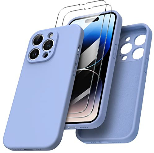 ORNARTO kompatibel mit iPhone 14 Pro Hülle 6,1 Zoll 2022, mit 2 x Panzerglasfolie flüssigem Silikon Gel Ruber Case Rundumschutz Stoßfeste Handyhülle Hellblau