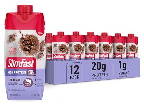 SlimFast Protein Shake, Chocolate- 20g Protein, Meal Replacement Shake Ready to Drink, High Protein with Low Carb and Low Sugar, 24 Vitamins and Minerals, 12 Count (Pack of 1) (Packaging May Vary)