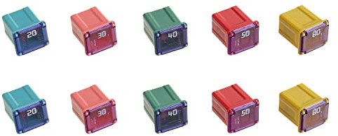 BOJACK Jcase Blocksicherung 20A 30A 40A 50A 60A Kfz Niedrigprofil Box-Sicherungssatz für LKWs & PKWs (Packung mit 10 Stück, 2 für jedes Ampere)