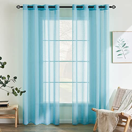 EMEMA 2er Set Sheer Voile Vorhang mit Ösen Transparente Gardine aus Voile Polyester Ösenschal Transparent Wohnzimmer Luftig Dekoschal für Schlafzimmer 140 X 160 cm Light Blue