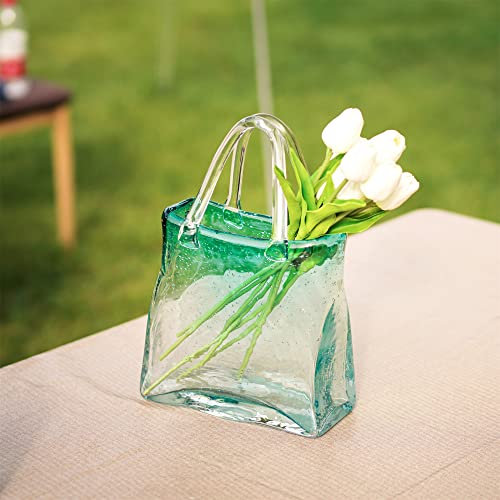 12-Inch Hand-Blown Glass Purse Vase with Bubbles and Handle - Modern Flower Vase for Centerpieces, Decor