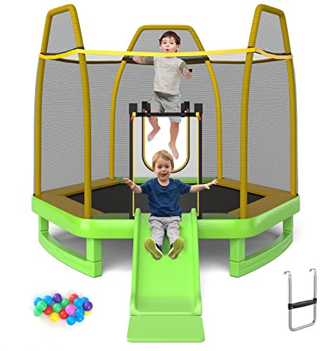 COSTWAY φ223cm Gartentrampolin mit Rutsche, Trampolin Outdoor bis 270 kg, Kindertrampolin mit Leiter, Sicherheitsnetz, Randabdeckung & Ozeanbälle, für 3+ Jahre (Grün)