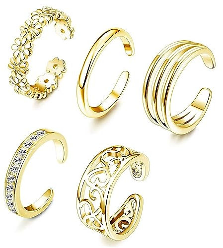 LENTQIUTT 5 Pcs Zehenring, offener Ring, 925 Sterling Silber, Damen, offener verstellbarer Bandring, Schmuckset (Gold)