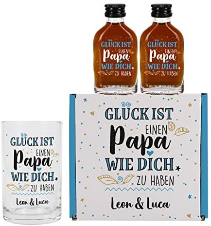 Herz & Heim® Vatertags-Geschenk Set für Papas mit Kompliment/inkl. 2 Fläschchen Kräuterlikör, Schnappsglas und Geschenkbox