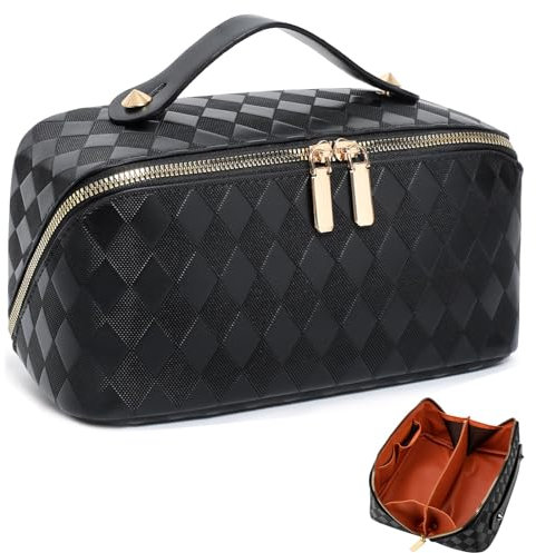 Reise Kosmetiktasche, Tragbare Make Up Tasche, Groß Kapazität Kosmetiktasche Damen, Wasserdichter PU-Leder Schminktasche Multifunktionale Kulturtasche Mit Trennwand Tasche Organizer (Schwarz)